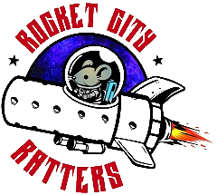 Cartoon rat in rocket, text "Rocket City Ratters".